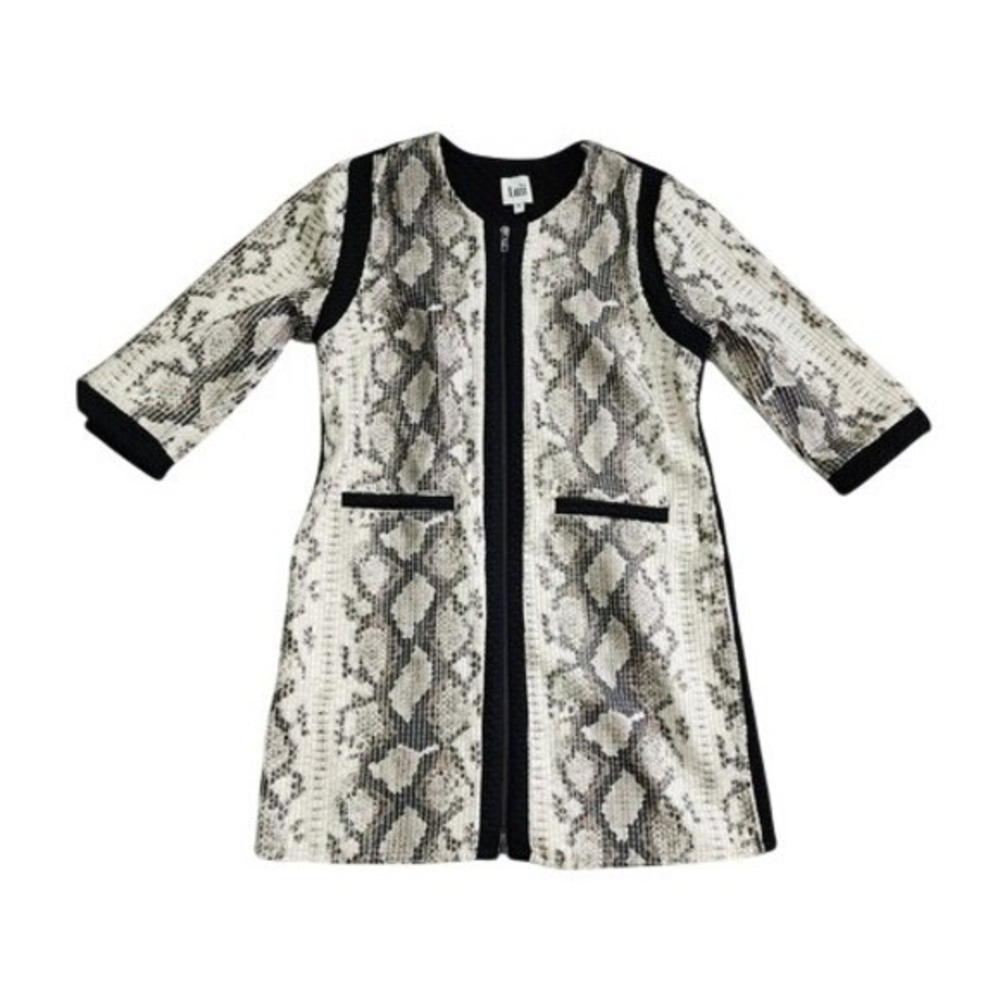 Luii Snakeskin Print Zip Front Dress Coat Black Cream Pockets Lined 3/4 Sleeve M